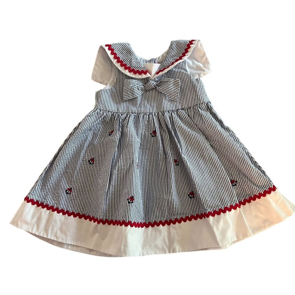 Good Lad Girls Nautical Seersucker Dress 2T Blue & White Stripes W/ Red Ric Rac